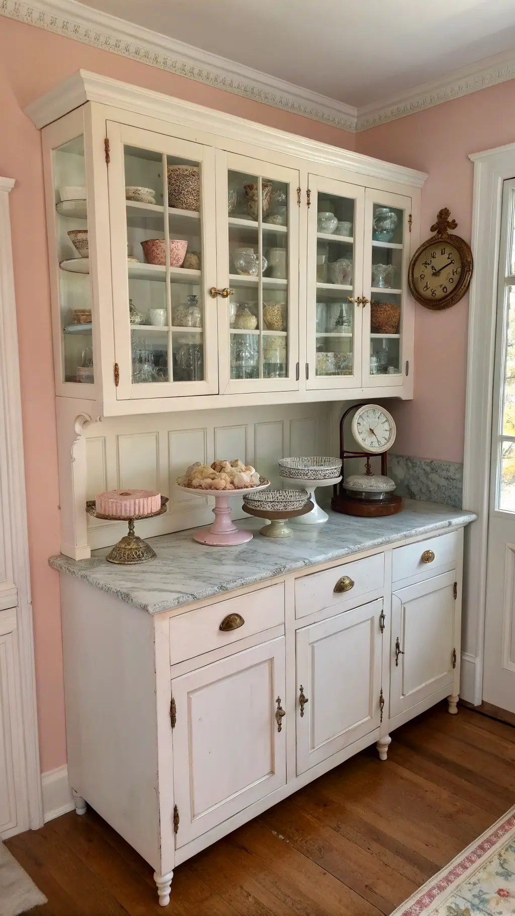 Sunlit corner baking station in a spacious kitchen with pale pink walls, distressed white hutch filled with vintage cake stands and bowls, and a marble-topped island perfect for baking.