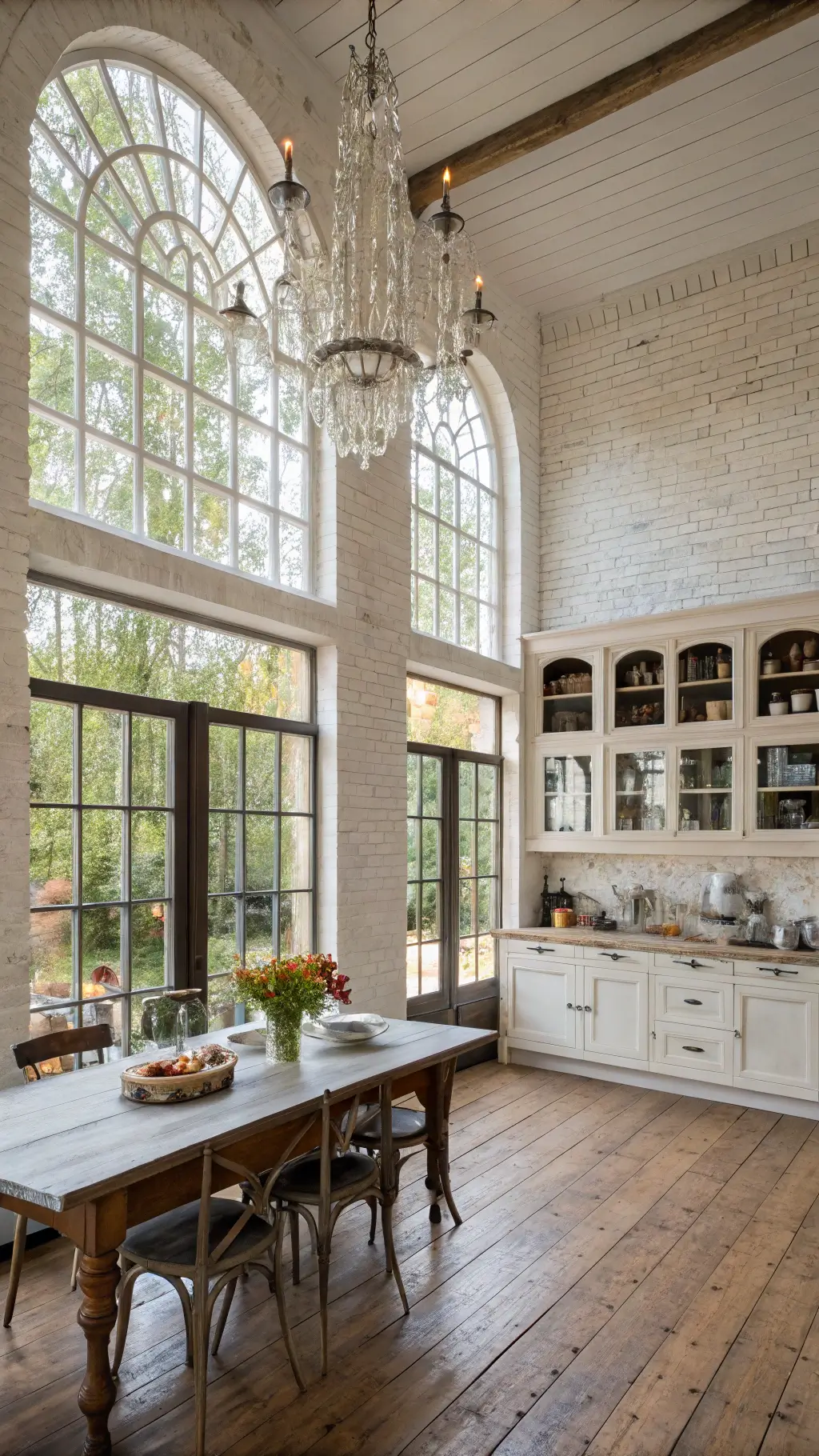 Sophisticated double-height kitchen with whitewashed brick walls, reclaimed wooden floors, antique accents, open shelving displaying vintage enamelware, and a farmhouse table beneath a crystal chandelier, with climbing roses visible through wraparound windows.