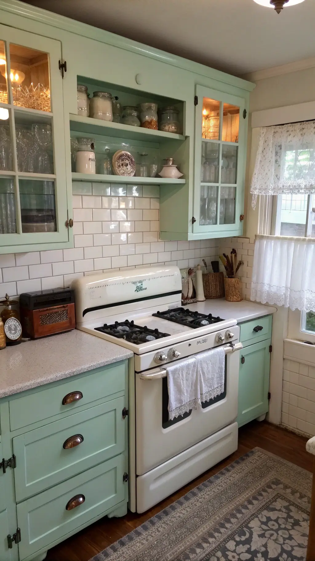 Compact vintage kitchen featuring a restored mint green stove, white subway tile backsplash, glass-front cabinets displaying depression glassware, antique breadbox, enamel canisters, lace café curtains, and a butcher block island.