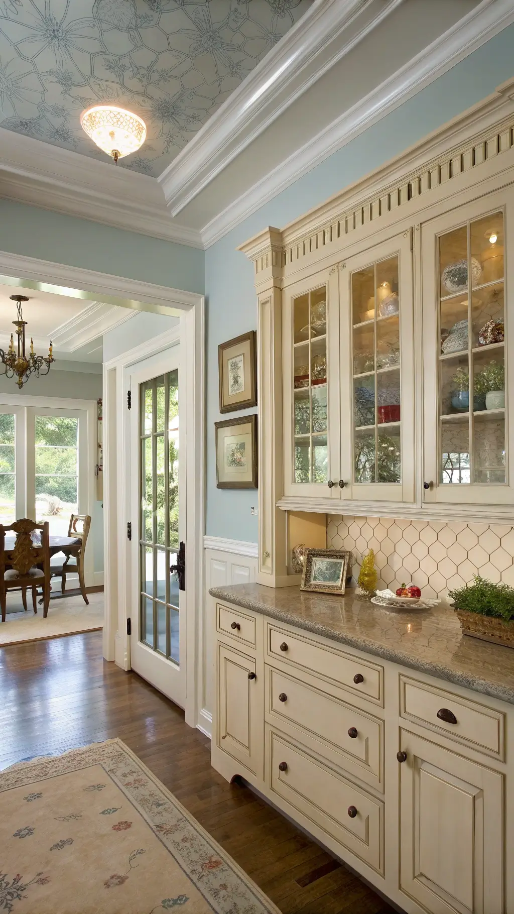 L-shaped kitchen with cream distressed cabinets, built-in china cabinet, blue walls, white ceiling with decorative medallion, vintage advertising signs, and French doors opening to a lush herb garden.