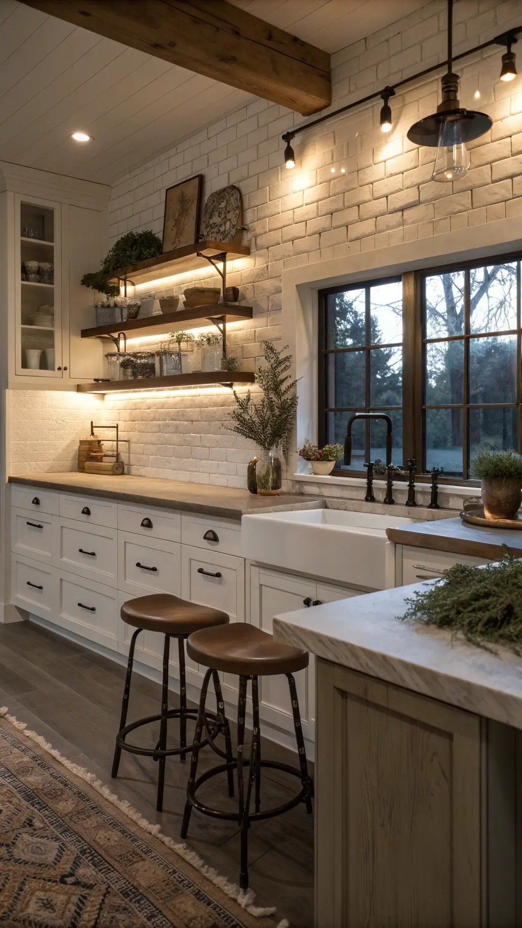 Evening view of a farmhouse kitchen featuring whitewashed brick backsplash, floating walnut shelves, apron sink beneath a window, soapstone countertops, and leather barstools at a breakfast bar, bathed in warm light.