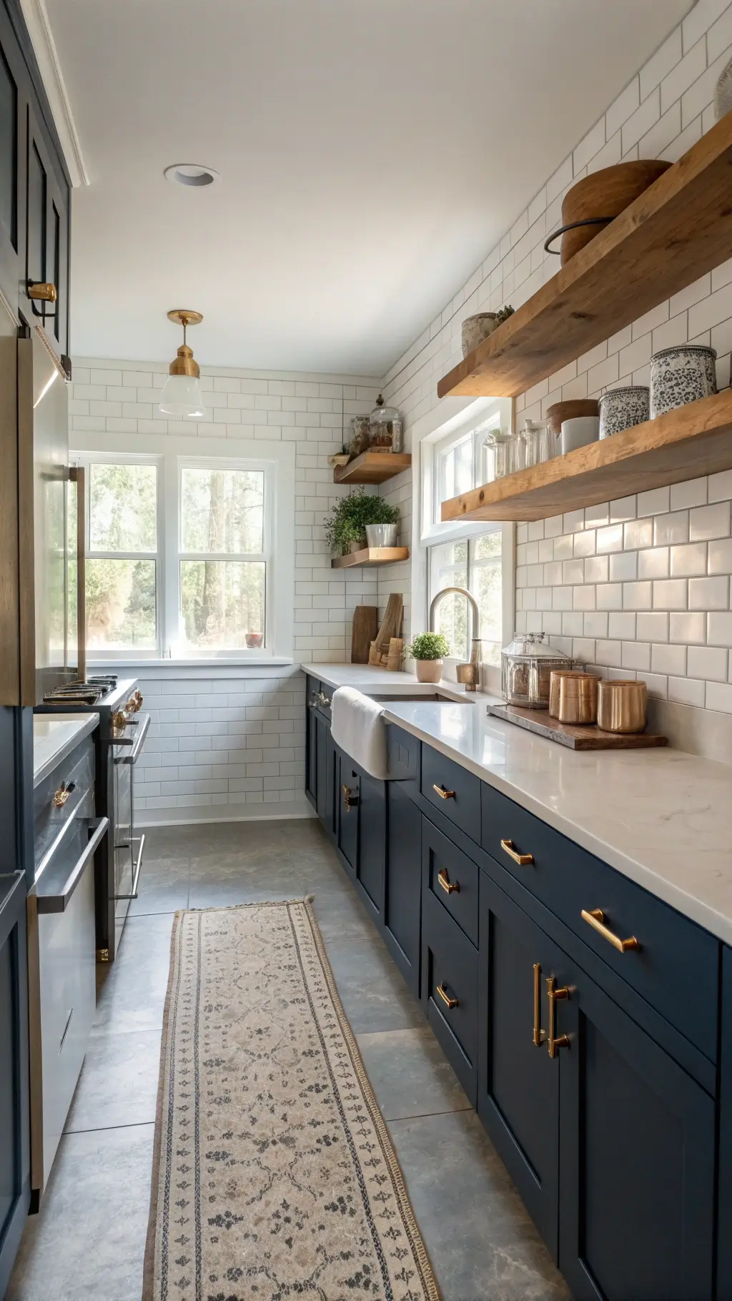 Sunlit cozy galley kitchen with navy shaker cabinets, butcher block countertops, white subway tile walls, vintage runner on painted concrete floors, and open shelves displaying ironstone and copper mugs.
