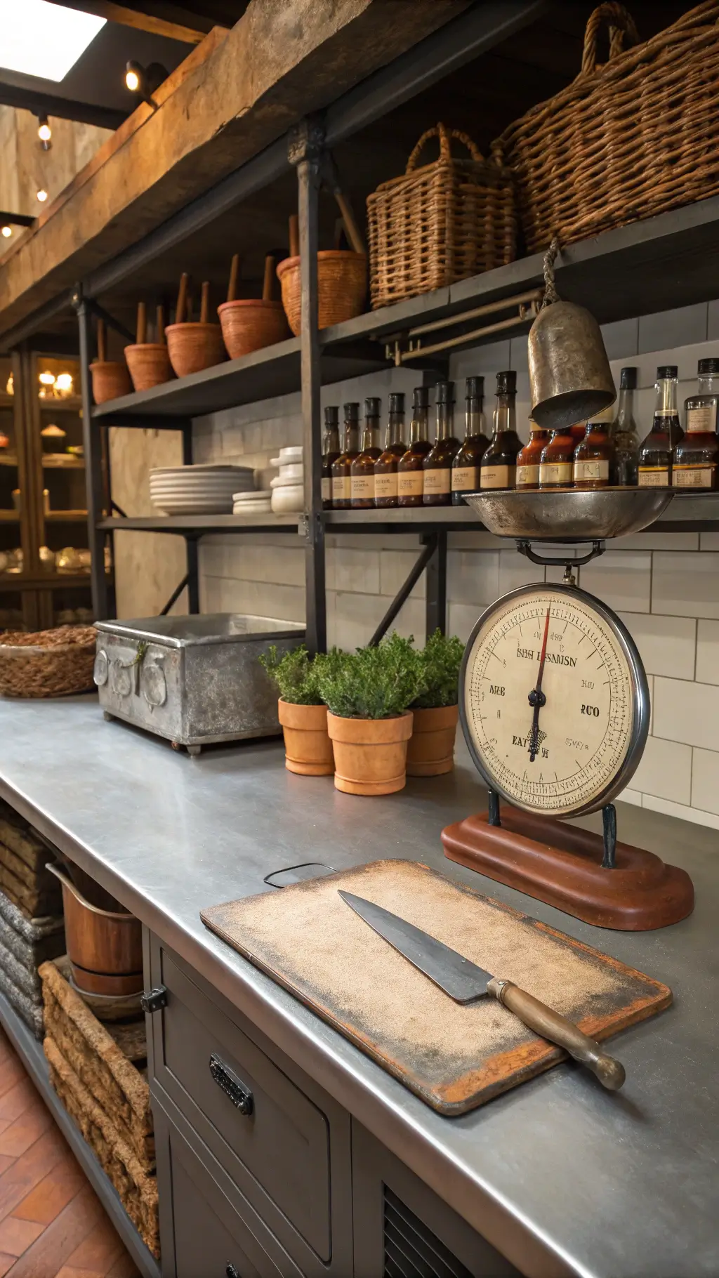 Overhead view of a chef’s prep station with reclaimed zinc countertop, built-in cutting board, vintage scale, leather knife roll, woven baskets, and industrial pipe shelves with spices and herbs.