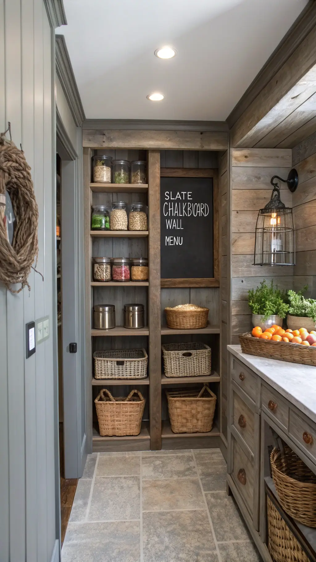 Vintage-style kitchen pantry with custom gray wooden shelves holding glass canisters with copper lids, woven baskets, bread box, and a slate chalkboard menu under soft lighting.