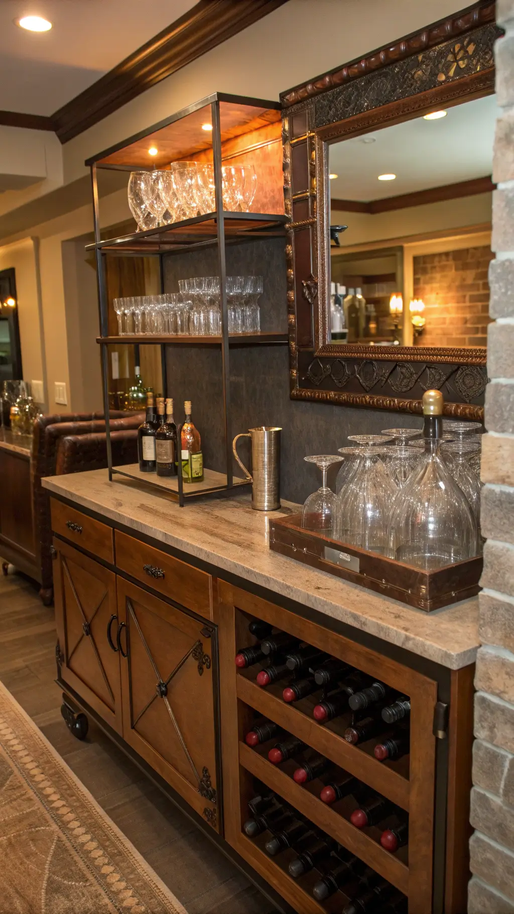 Antique mirror reflecting copper barware in a small entertainment area with floating live-edge wood shelf, industrial cart converted to wine storage, leather-wrapped handles, and accent lighting.