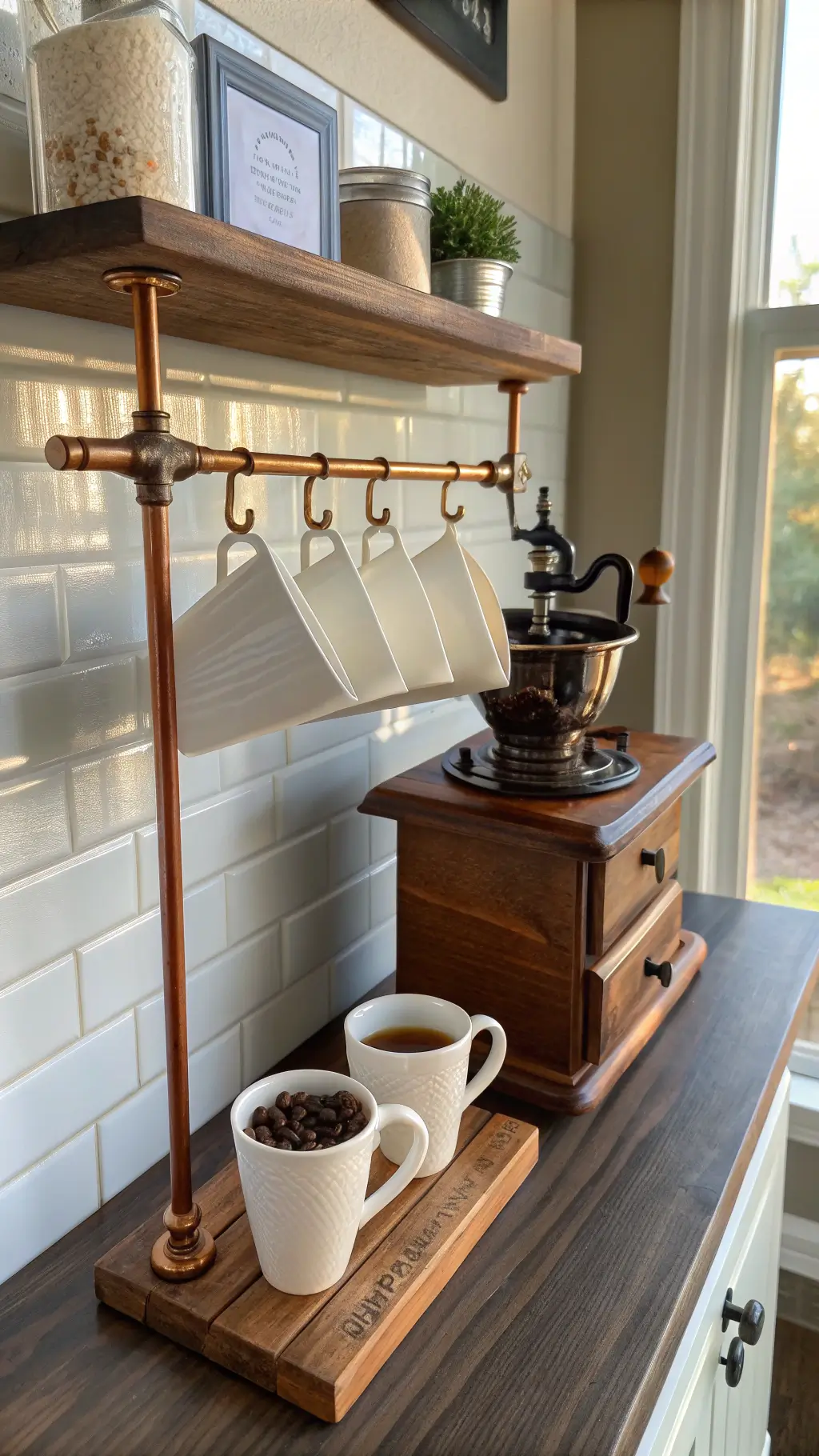 Morning light shining on a compact coffee station with reclaimed wood floating shelf, exposed copper pipes, vintage coffee grinder, and handmade ceramic mugs on pegs.