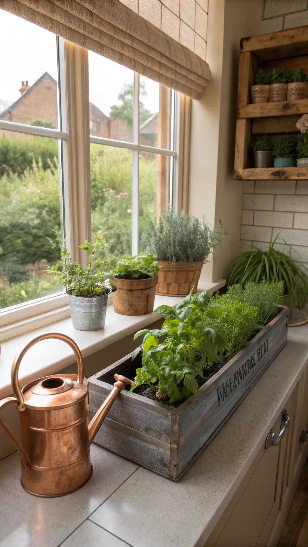 Kitchen window garden with herbs in zinc planters, vintage crates for storage, copper watering can, and natural wood roman shade filtering morning light.