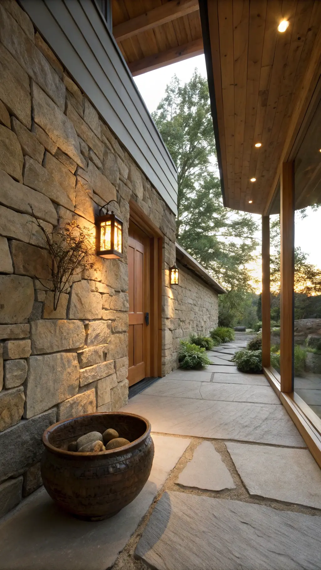 dawn light illuminating a small entryway with stone wall, concrete floor, driftwood console with river stones, black clay wall hooks, and vintage copper vessel with winter cherry branch