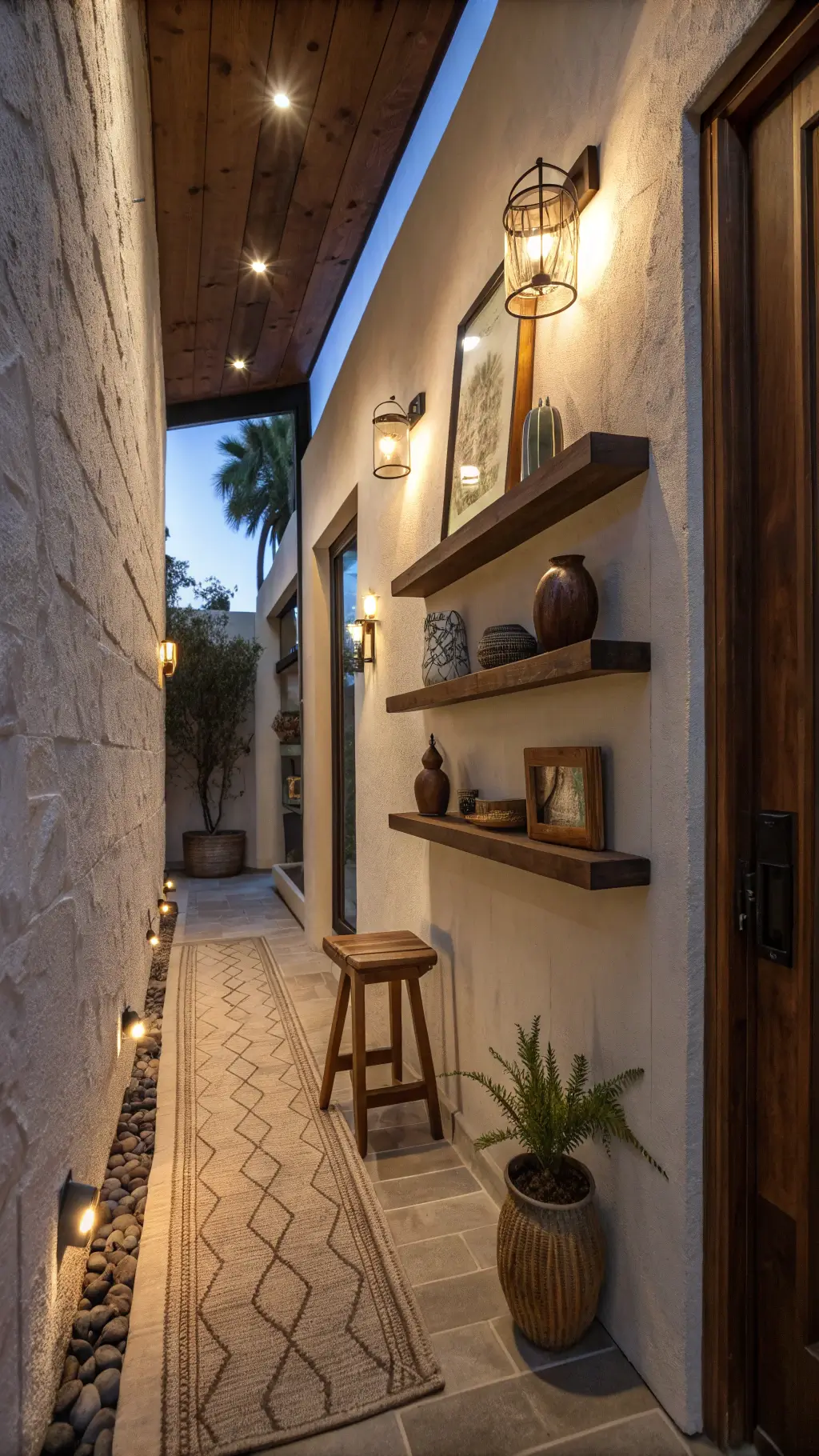 vertical shot of a narrow entryway at dusk with floating wooden shelves holding ceramics, textured wall with LED uplighting, antique bronze mirror, hemp runner, teak stool, and dried botanicals in a smoky glass vase