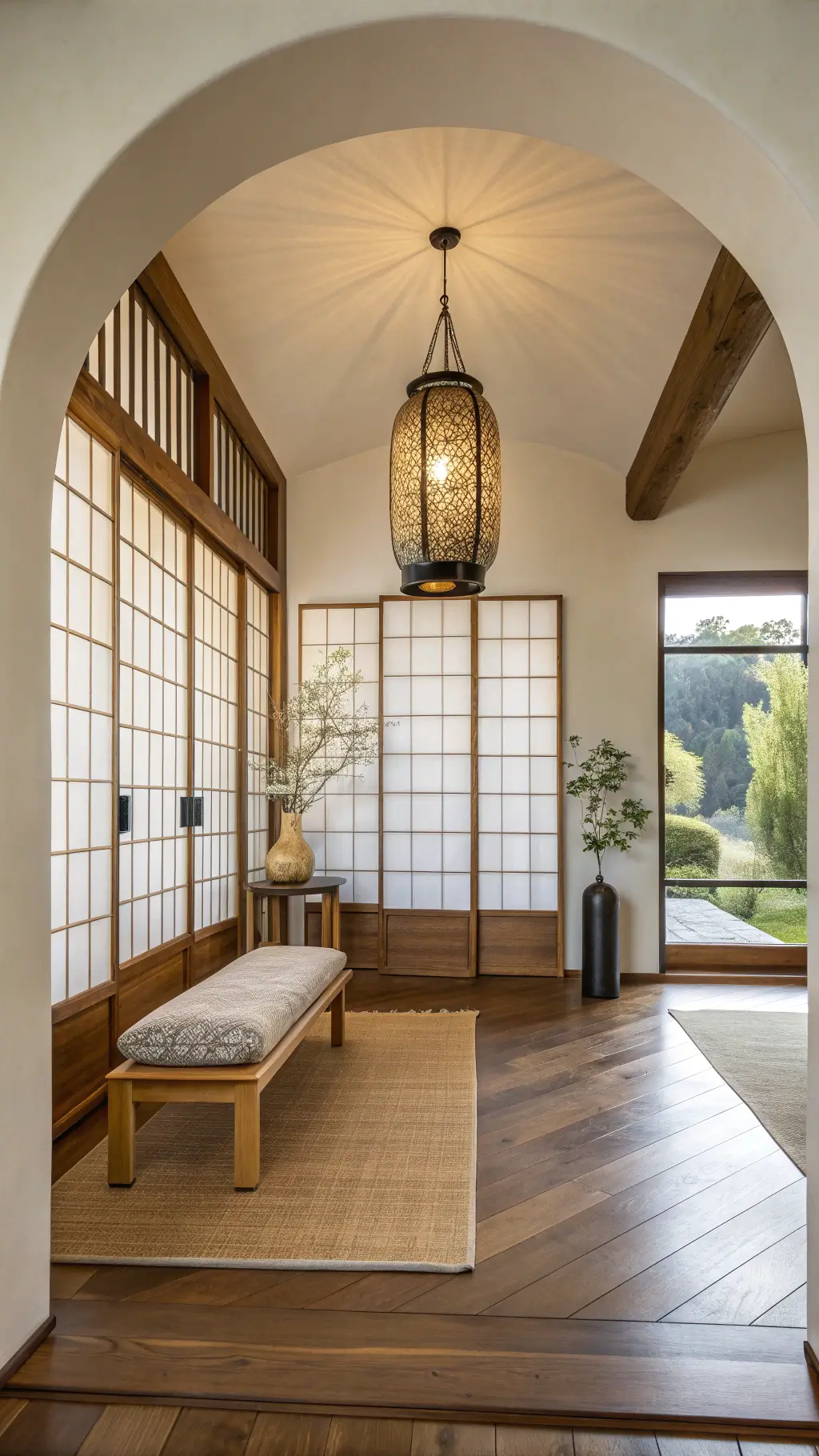 morning light in a foyer with curved archway, shoji screen, bamboo bench with wool cushion, brass pendant light, stone vessel with ikebana, whitewashed walls, and warm wood floors