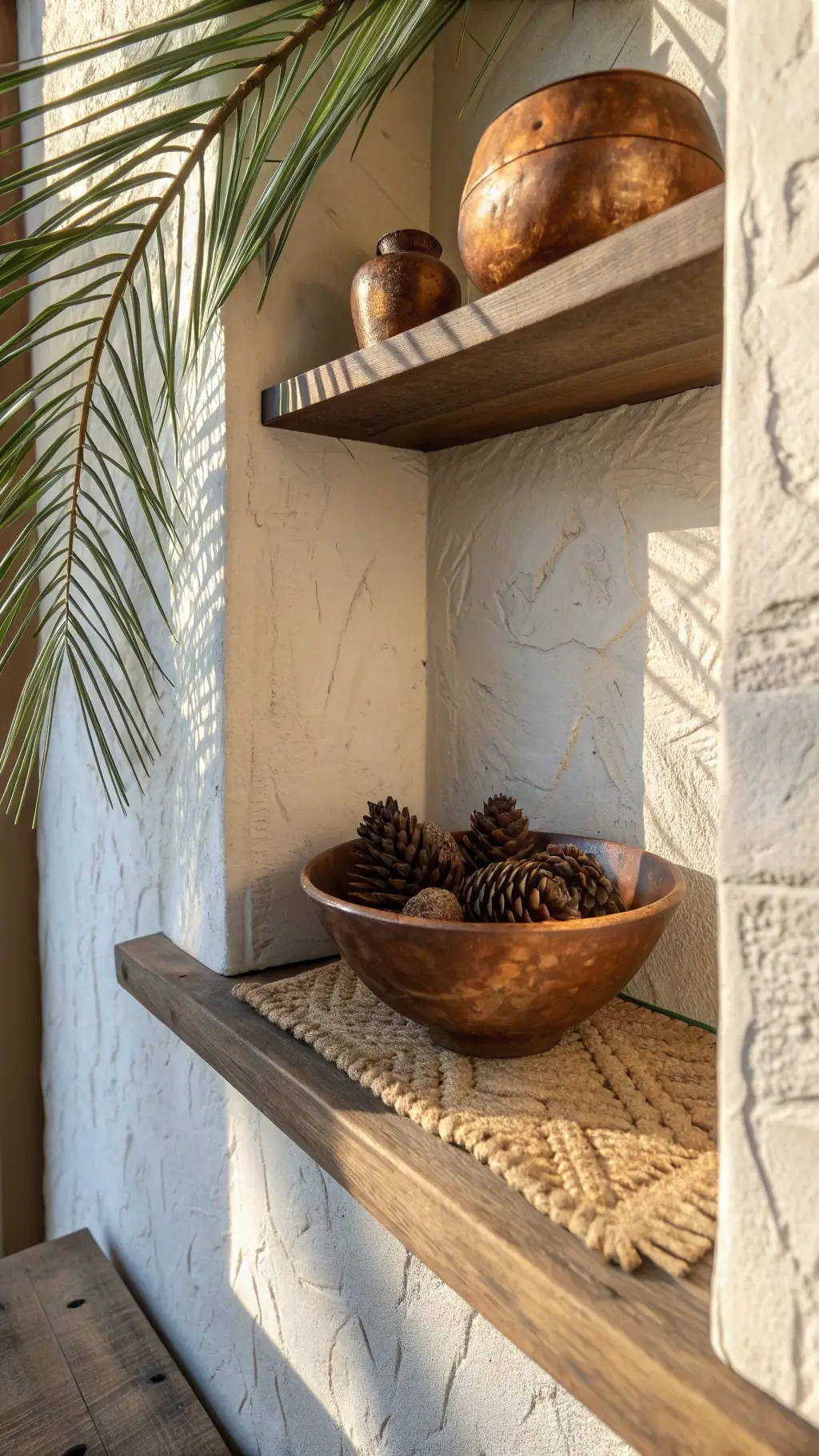 close-up of textured plaster wall with barnwood shelf holding ceramics, vintage copper bowl, pine cones, and palm frond shadow in an entry alcove