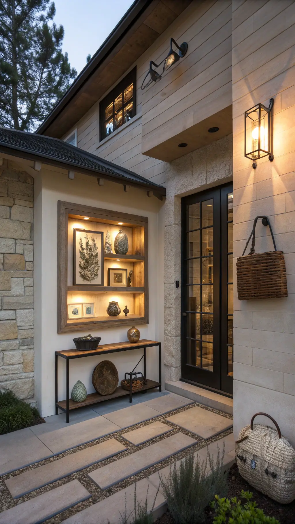 twilight view of an 8x8ft entrance with oak shadowboxes displaying found objects, narrow console table, venetian plaster walls, and modern side lighting