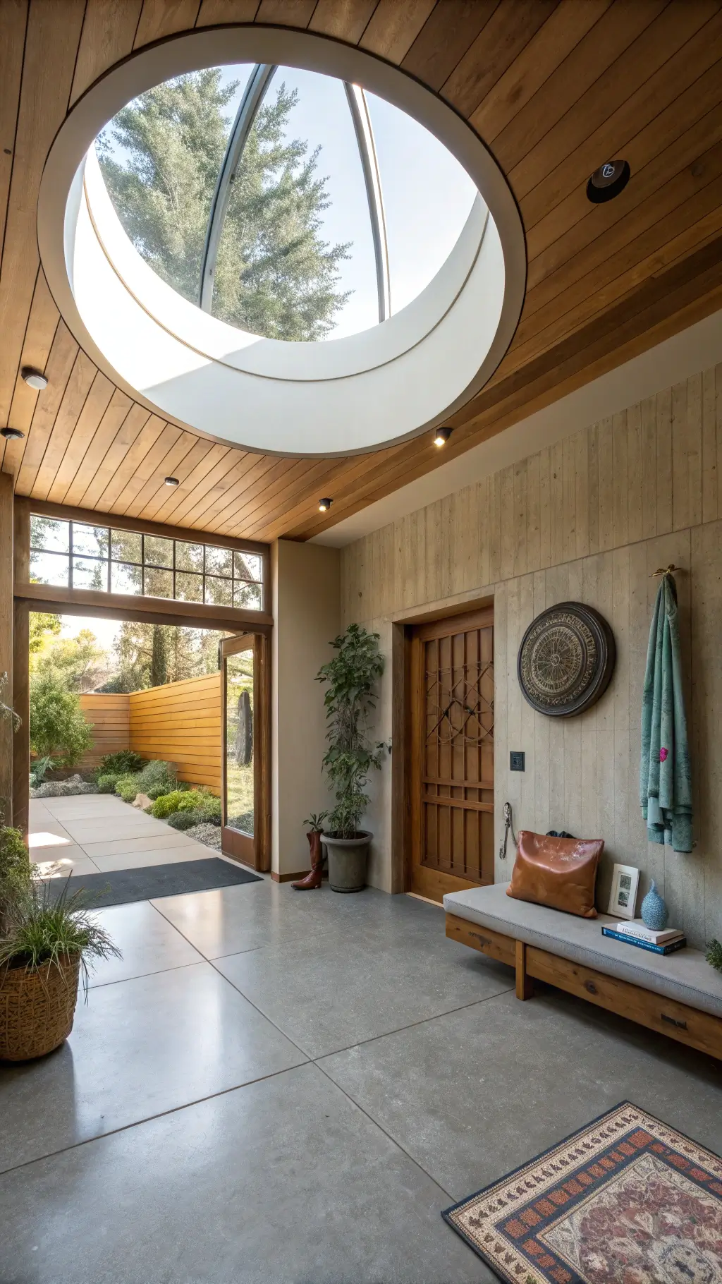 bird's eye view of entry with polished concrete floor lit by skylight, featuring low teak bench, ceramic umbrella stand, vintage copper boot tray, and handwoven wall hanging