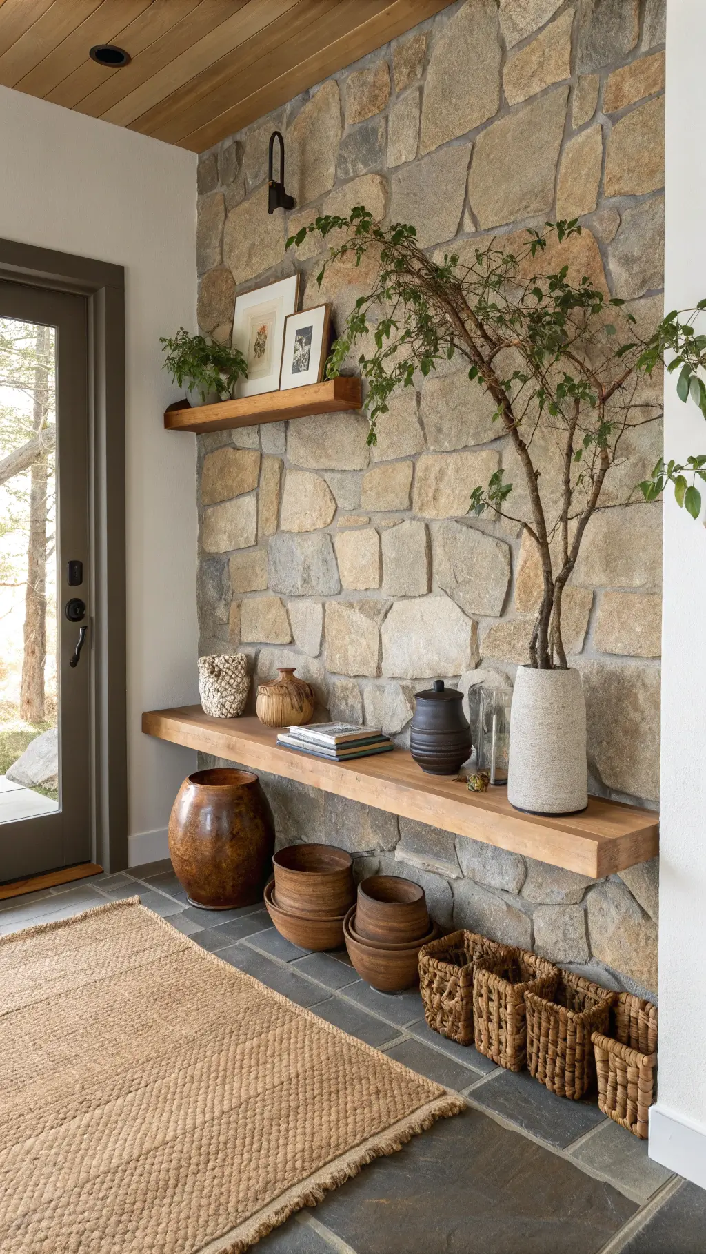 close-up of entry nook with rough stone wall, smooth oak floating shelf holding hand-thrown vessels, dried eucalyptus branch, vintage brass wall hook, and jute floor mat in morning light