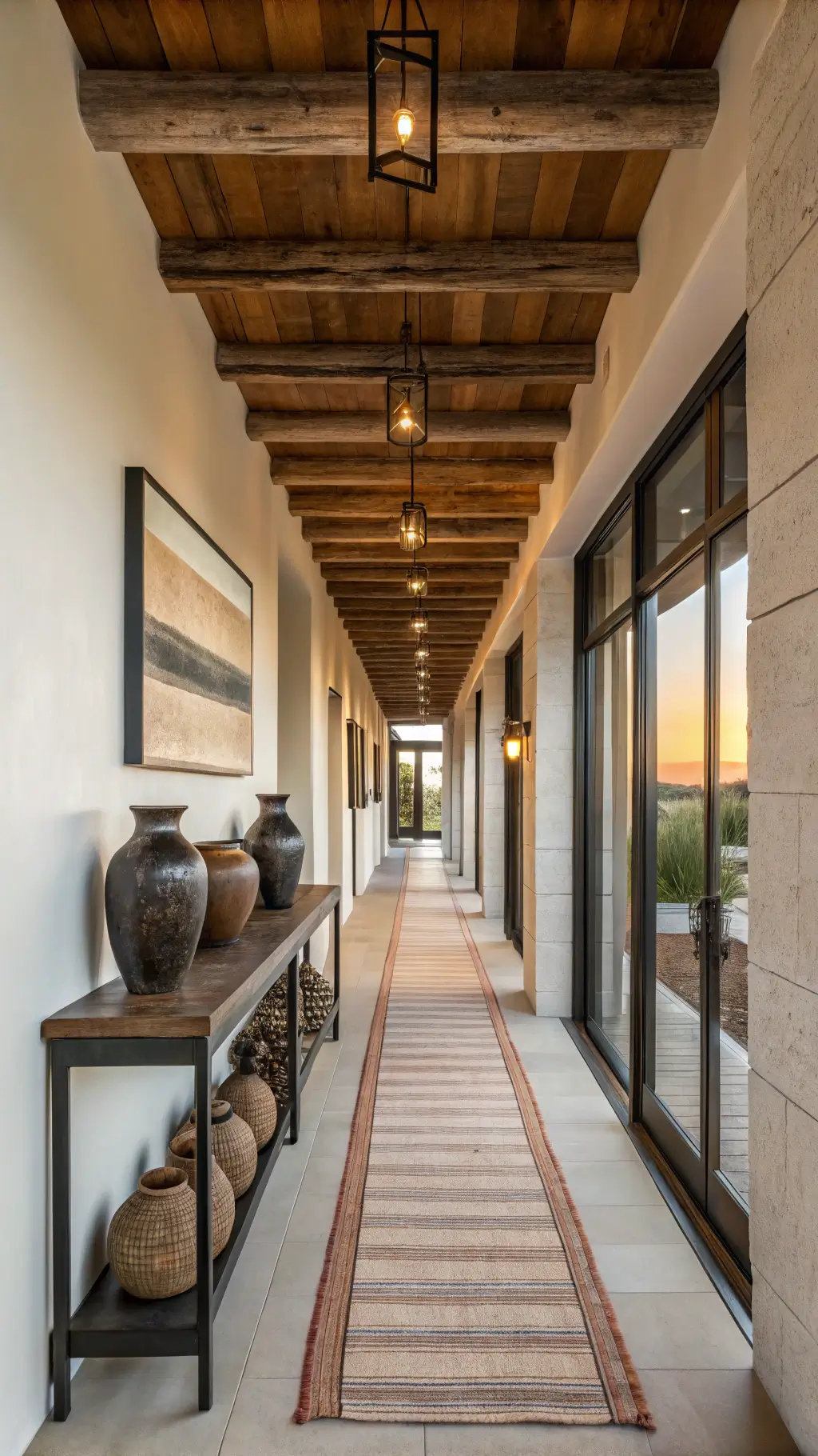 entry corridor with reclaimed wood ceiling beams, blackened steel console, clay vessels, striped wool runner, and smoky glass pendant lights at sunset