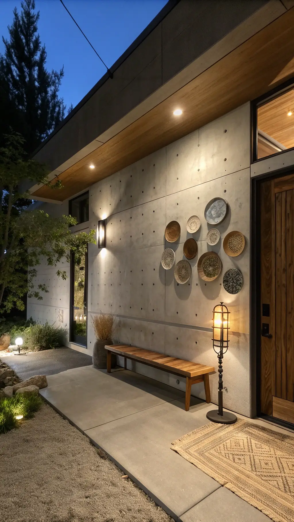 nighttime 10x10ft entryway with board-formed concrete wall, floating oak bench, ceramic plates as wall art, vintage brass floor lamp, and natural hemp rug in cool greys and warm wood tones with soft uplighting