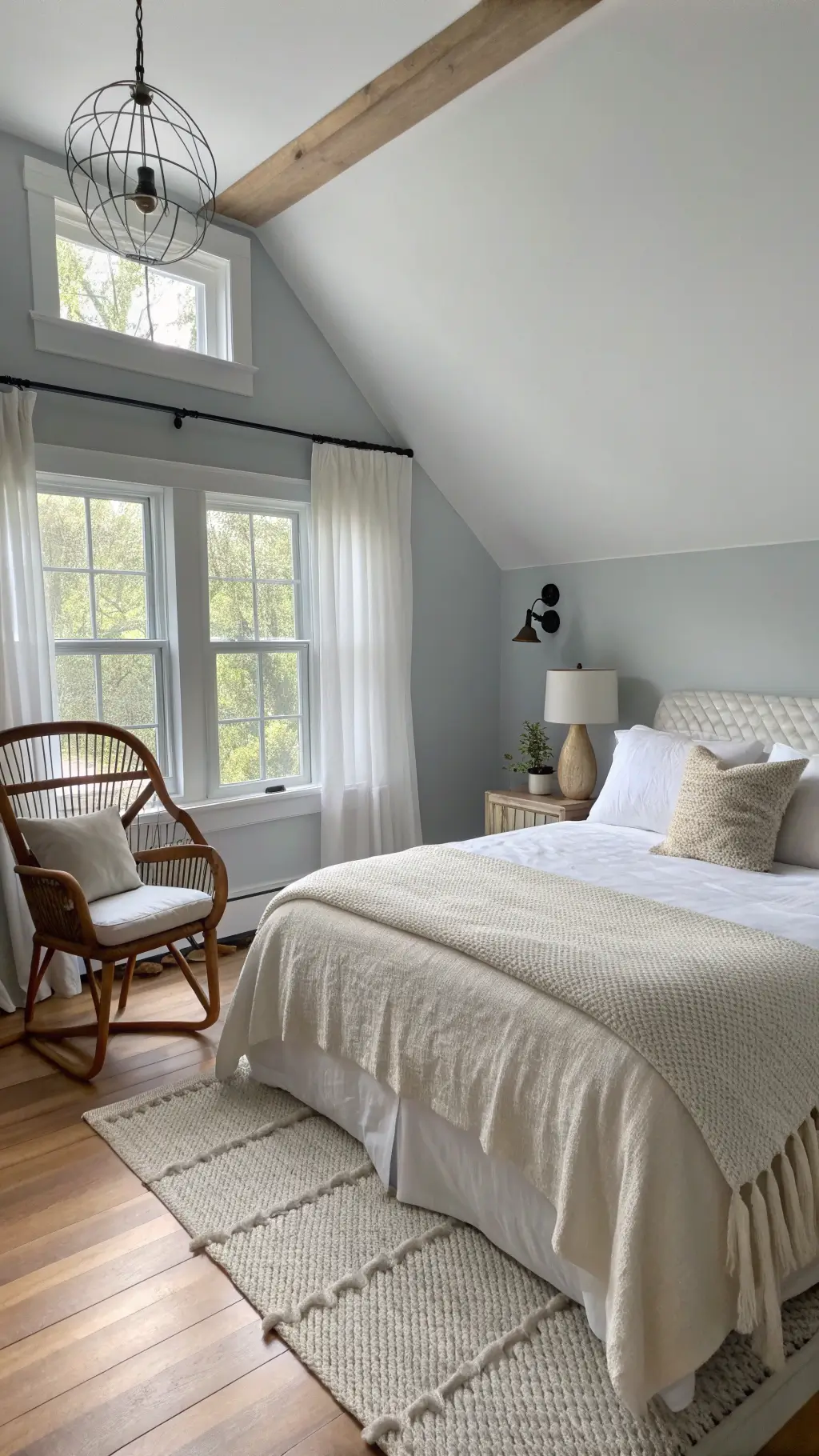 Cozy 12x12ft cottage bedroom at dawn with blue-grey walls, white trim, hardwood floors, east-facing windows with sheer curtains, queen bed in oatmeal linen, rattan reading chair with cream throw, and black task lamp.