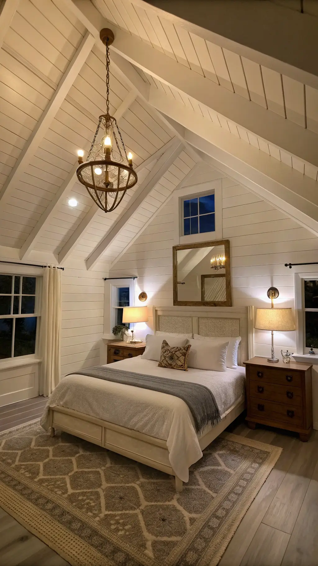 Inviting 16x14ft cottage bedroom at dusk with queen bed, white exposed beams, minimalist brass chandelier, and weathered oak nightstands.