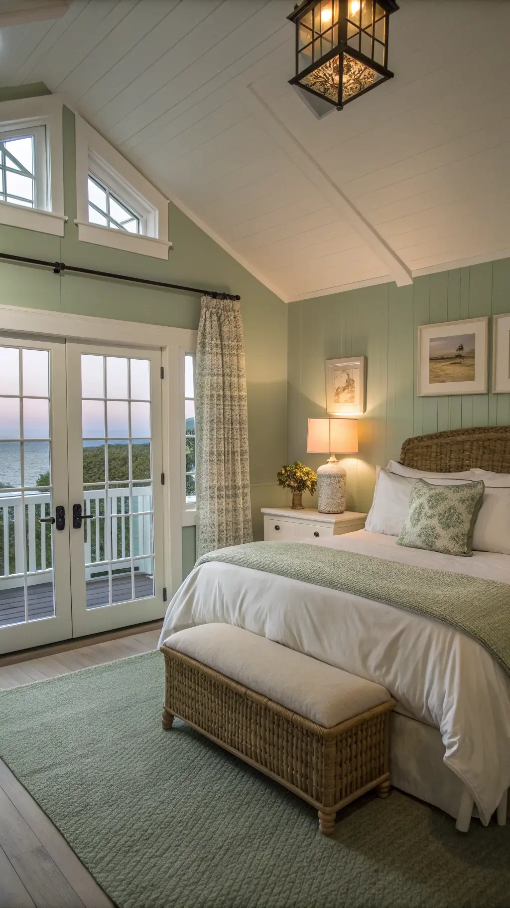 Master bedroom with sage green walls, white trim, king bed linens, and French doors opening to a balcony, illuminated by soft blue hour light and warm lamp glow.