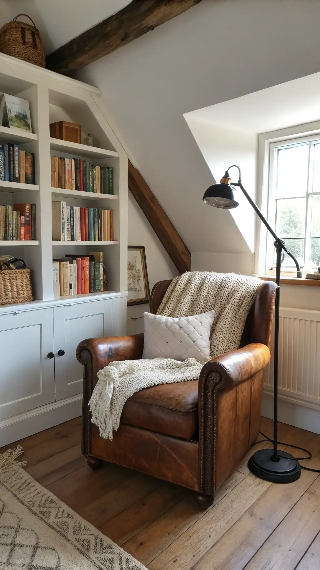 Rustic cottage bedroom reading nook with weathered leather armchair, built-in bookshelves, natural linen cushion, chunky knit throw, black metal floor lamp, and vintage brass mirror reflecting light.