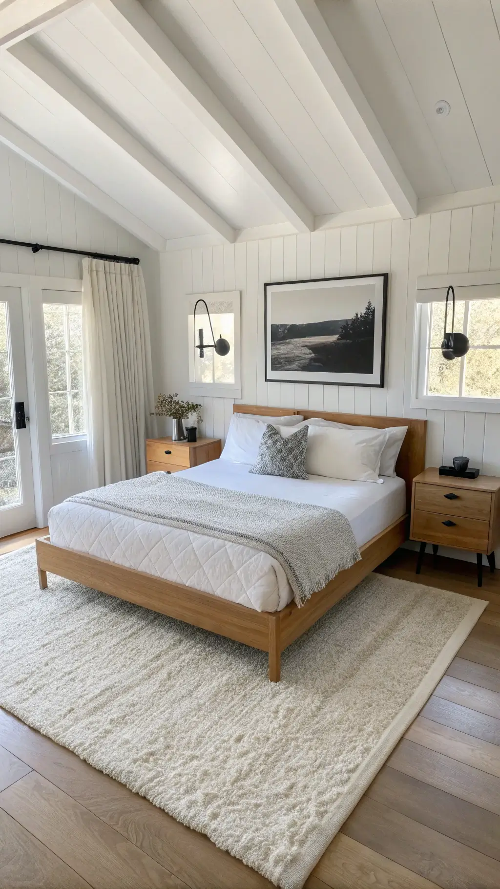 Overhead view of a sunlit 13x15ft cottage bedroom with light oak queen bed, symmetrical black sconces, floating nightstands, ivory wool rug, and large black and white landscape photo on the wall.