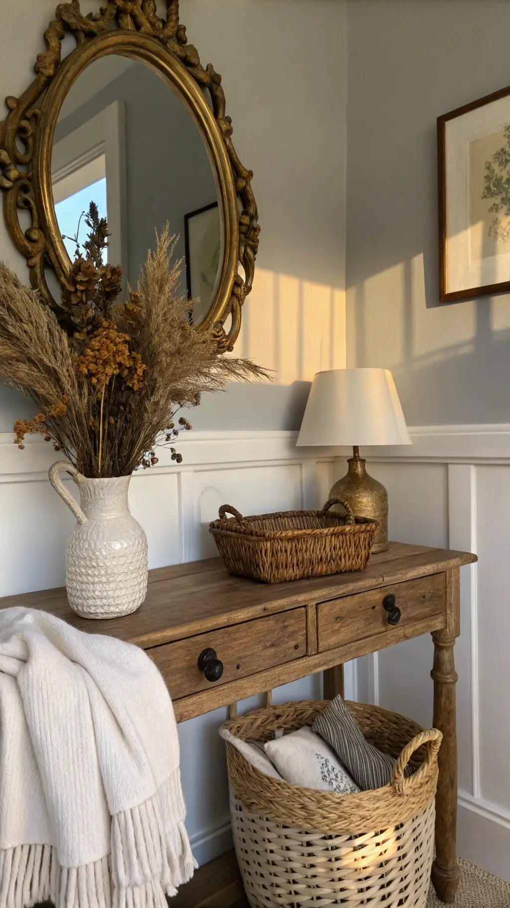 Antique brass mirror above rustic console with ceramic vase holding dried botanicals in a bedroom during golden hour.