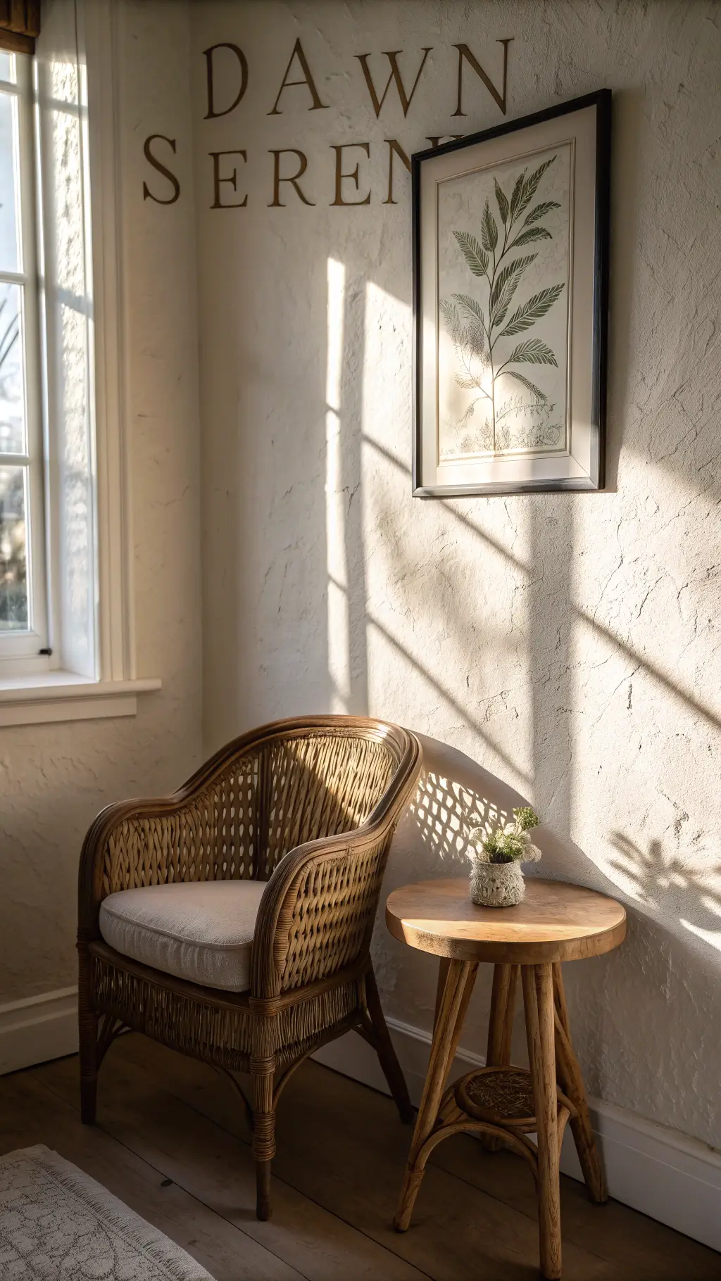 Cottage bedroom corner with vintage cane chair and bleached oak table by east window, casting dramatic shadows on textured wall at dawn.