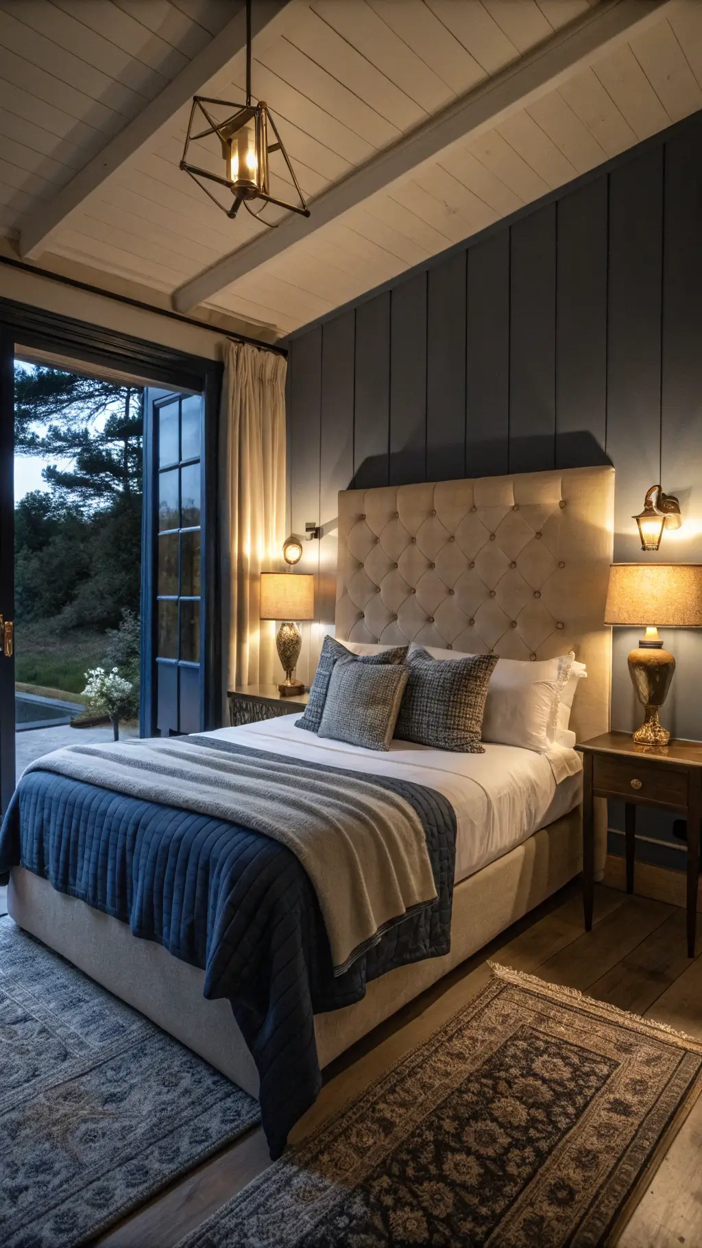 Cottage bedroom at dusk with king bed in blue and grey tones, vintage brass sconces, cream upholstered headboard against dark taupe wall, and ceramic table lamp providing ambient light.
