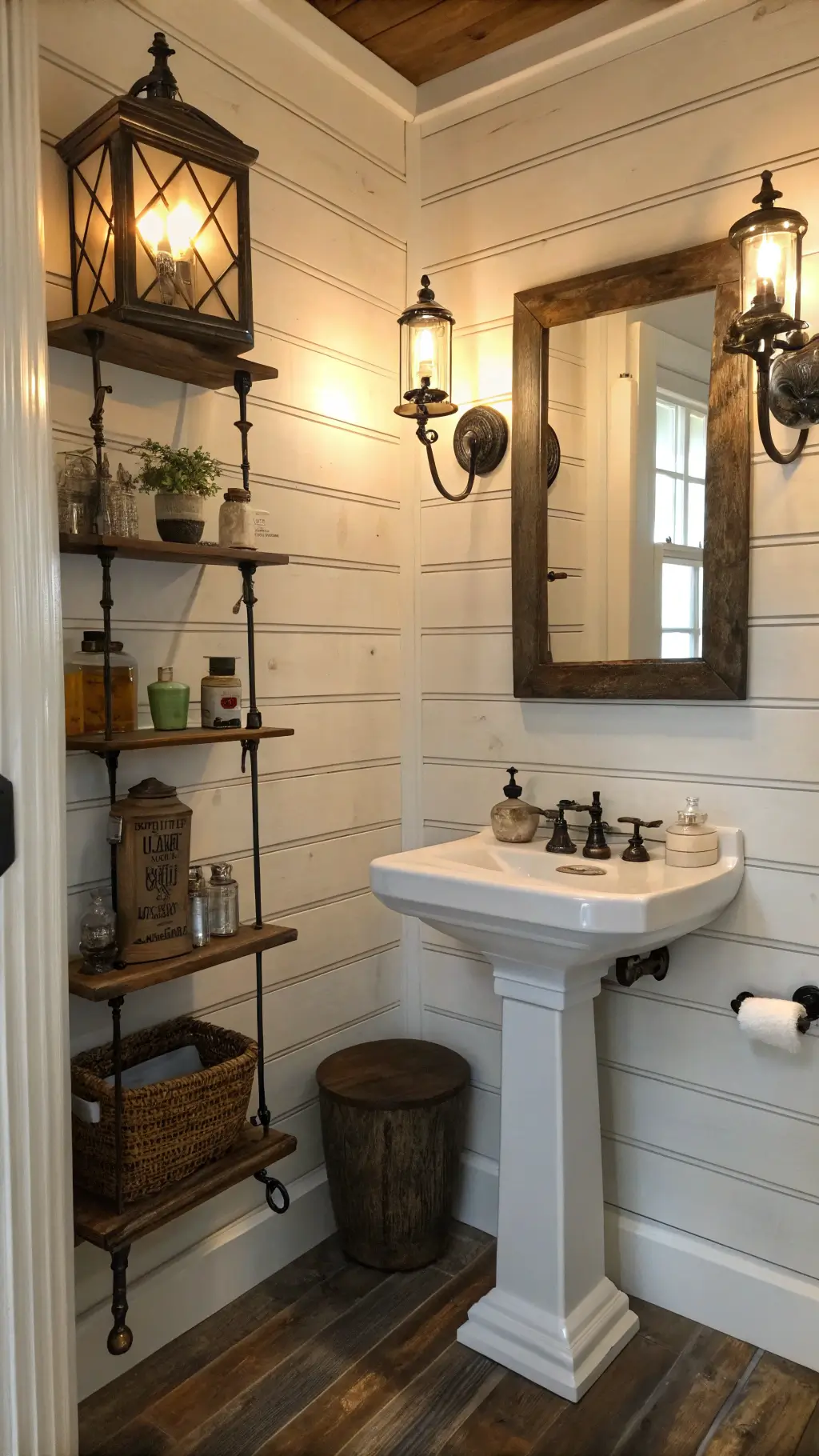 cozy cabin powder room with wrought iron lantern sconces, white shiplap walls, antique brass sink and mirror, corner shelf with vintage apothecary jars