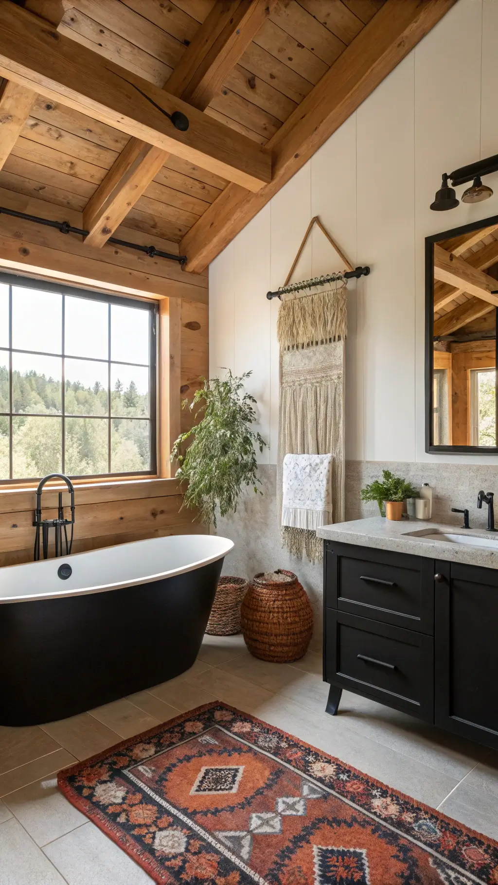 sunlit 7'x9' cabin bathroom with exposed timber beams, matte black soaking tub, reclaimed oak vanity with iron pipe legs, eucalyptus in macramé plant hanger, and Turkish rug in terracotta and indigo