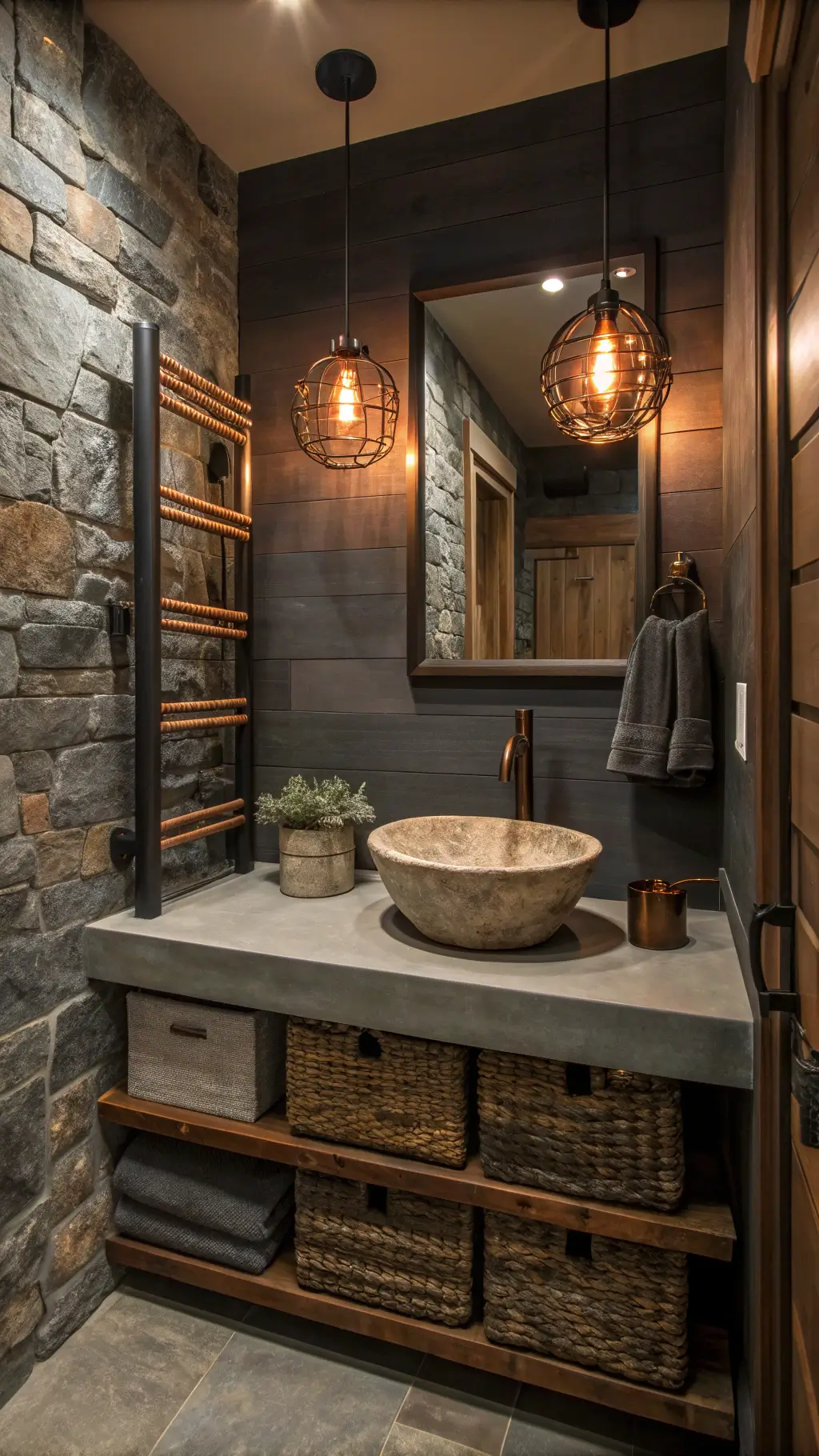 moody powder room at dusk with copper pendant lights, stone accent wall, dark bronze pipe shelving, concrete vessel sink, wooden slab vanity, vintage tobacco basket, and antique fixtures