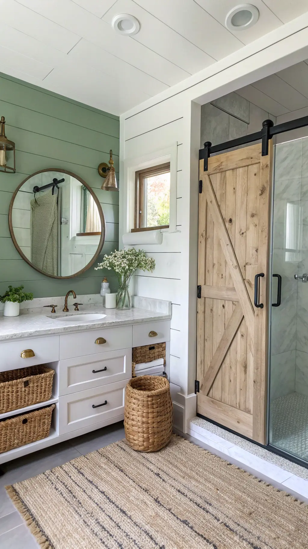 airy cabin bathroom with corner shower featuring barn door, white oak vanity with marble top, brass fixtures, sage green shiplap walls, round mirror, seagrass baskets, and hydrangeas