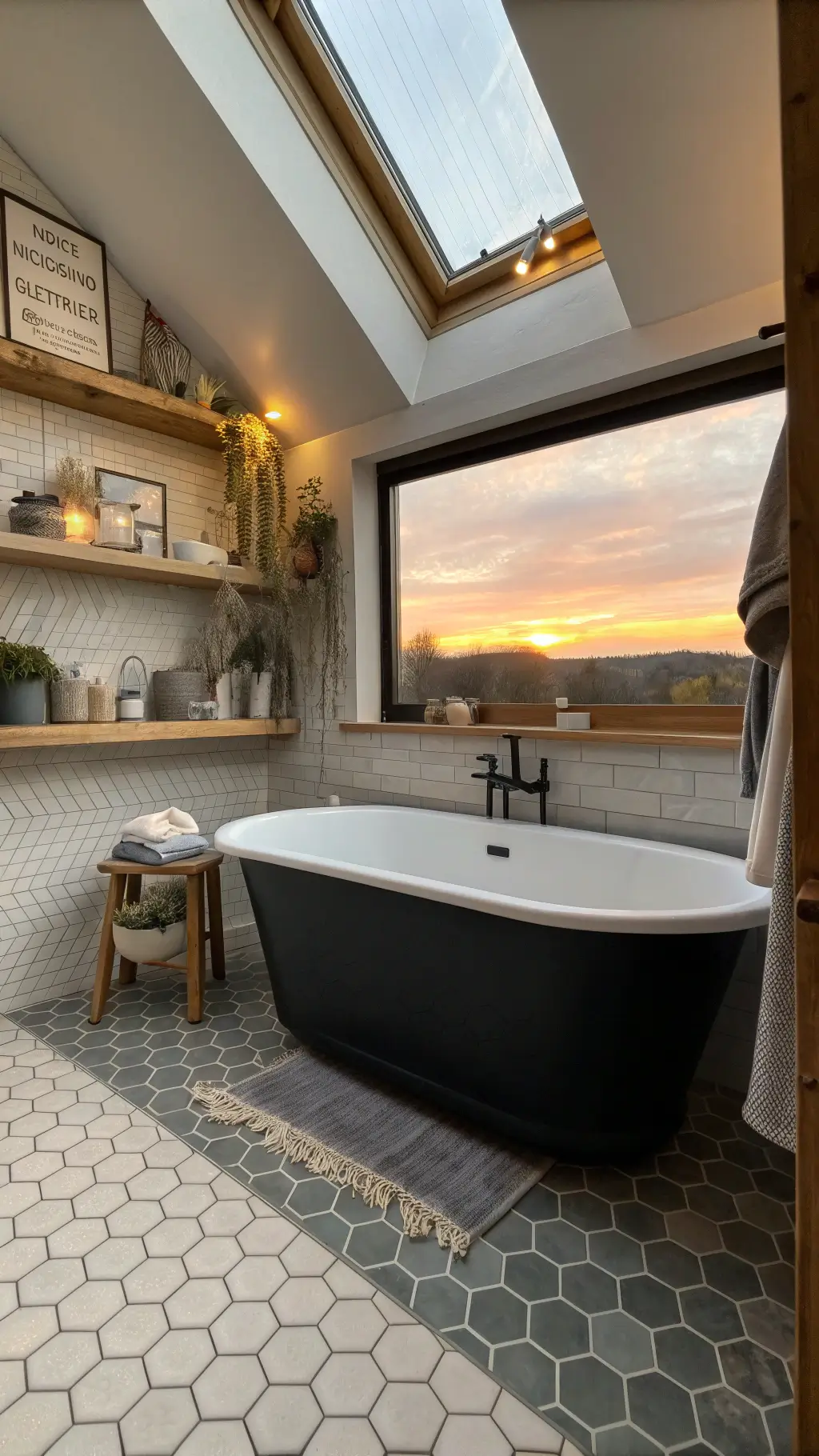 matte black clawfoot tub centered under skylight in a small bathroom during golden hour, with grey hexagonal floor tiles, floating wooden shelves displaying pottery and dried lavender