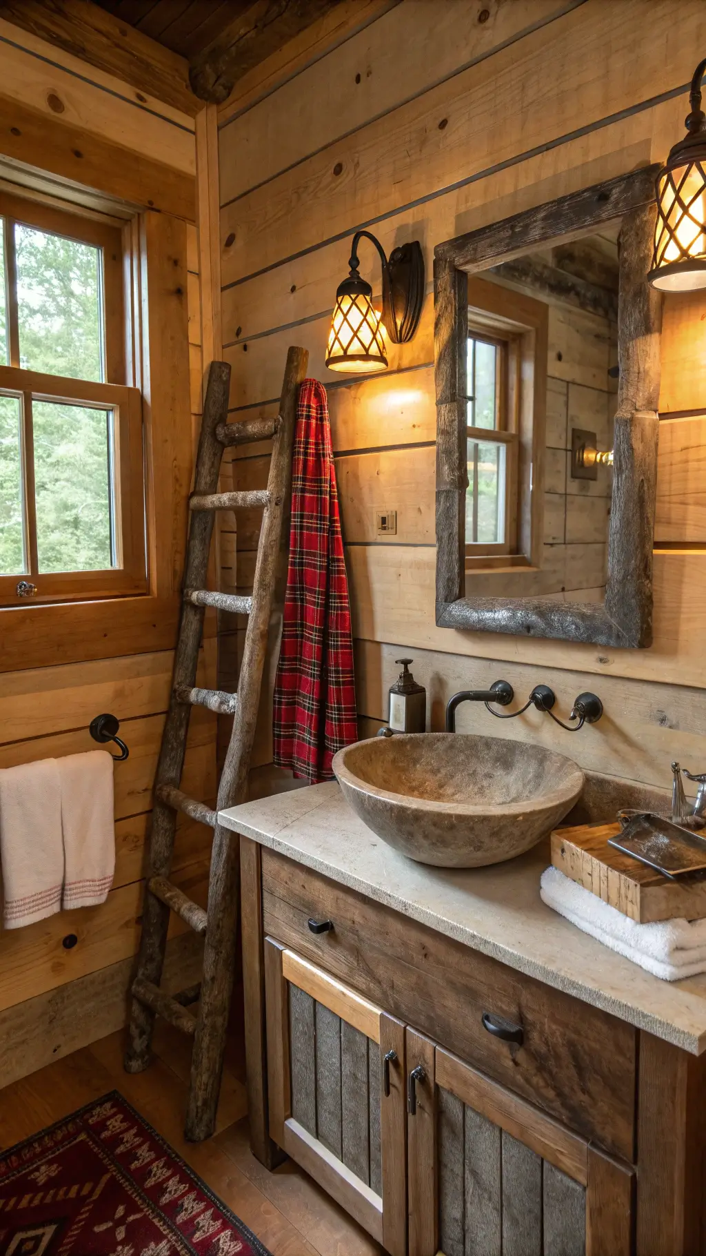 rustic 7'x8' cabin bathroom illuminated by morning light, featuring cedar plank walls, live edge wood slab vanity with stone vessel sink, antique ladder towel rack with plaid wool throws, and iron glass wall sconces reflected in vintage mirror