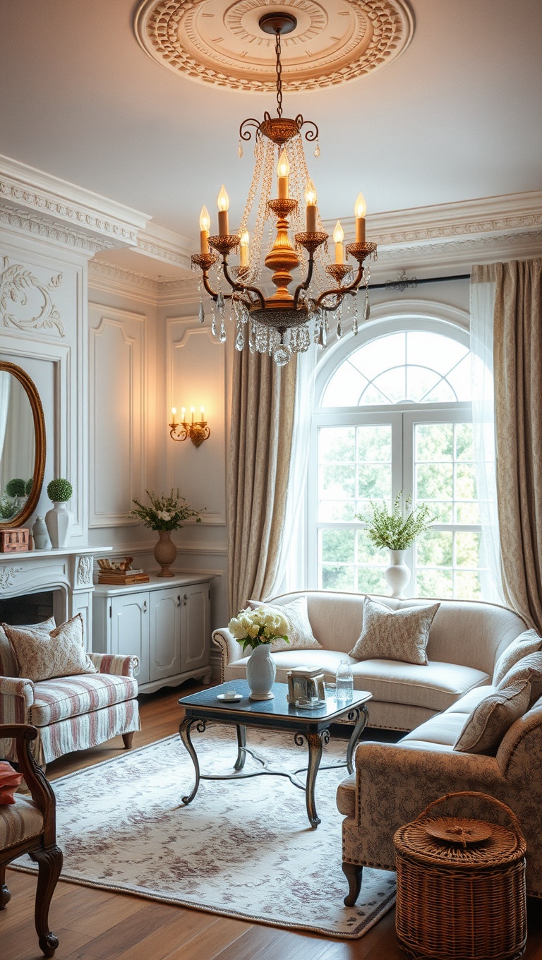 20 Whimsical Ideas for a Romantic Vintage Living Room - 4. Chandelier Magic: Add Sparkle to Your Space