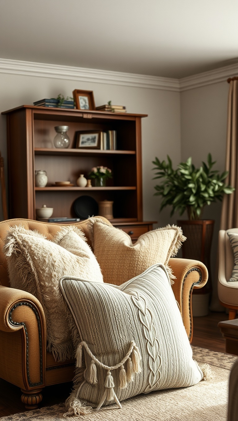 20 Whimsical Ideas for a Romantic Vintage Living Room - 5. Cozy Throw Pillows: Mix and Match Textures