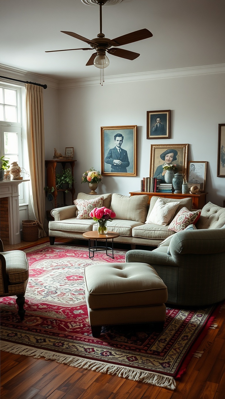 20 Whimsical Ideas for a Romantic Vintage Living Room - 9. Layered Rugs: Add Warmth with Vintage Patterns