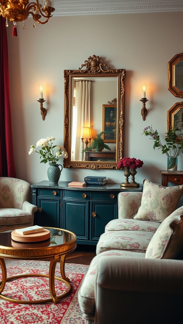 20 Whimsical Ideas for a Romantic Vintage Living Room - 11. Vintage Mirrors: Create Depth and Light
