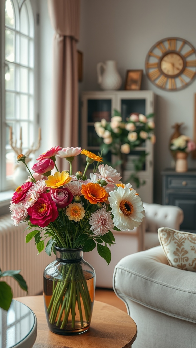 20 Whimsical Ideas for a Romantic Vintage Living Room - 14. Fresh Flowers: Bring Nature Indoors with Bouquets