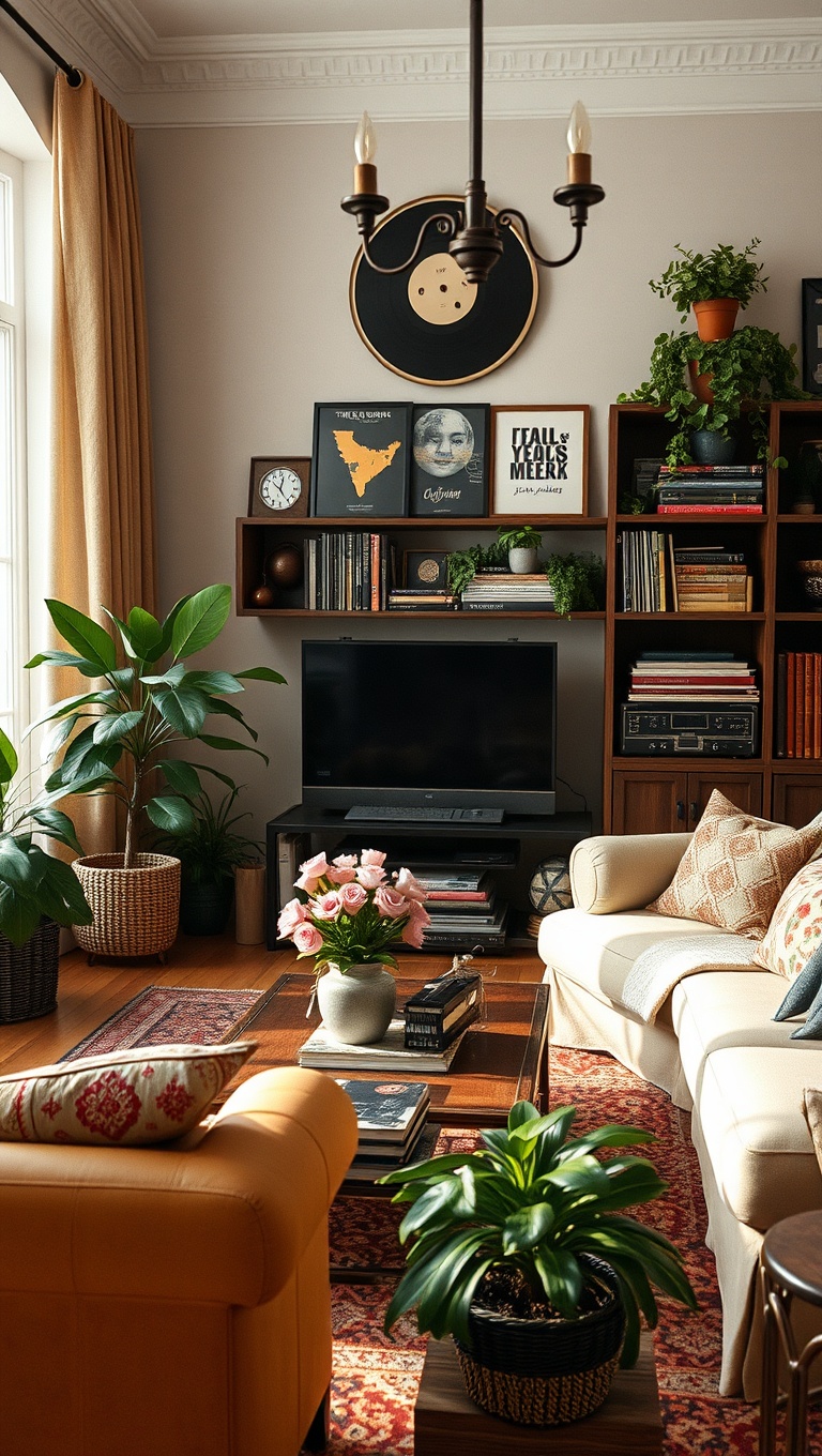 20 Whimsical Ideas for a Romantic Vintage Living Room - 17. Vintage Records: Musical Nostalgia in Decor