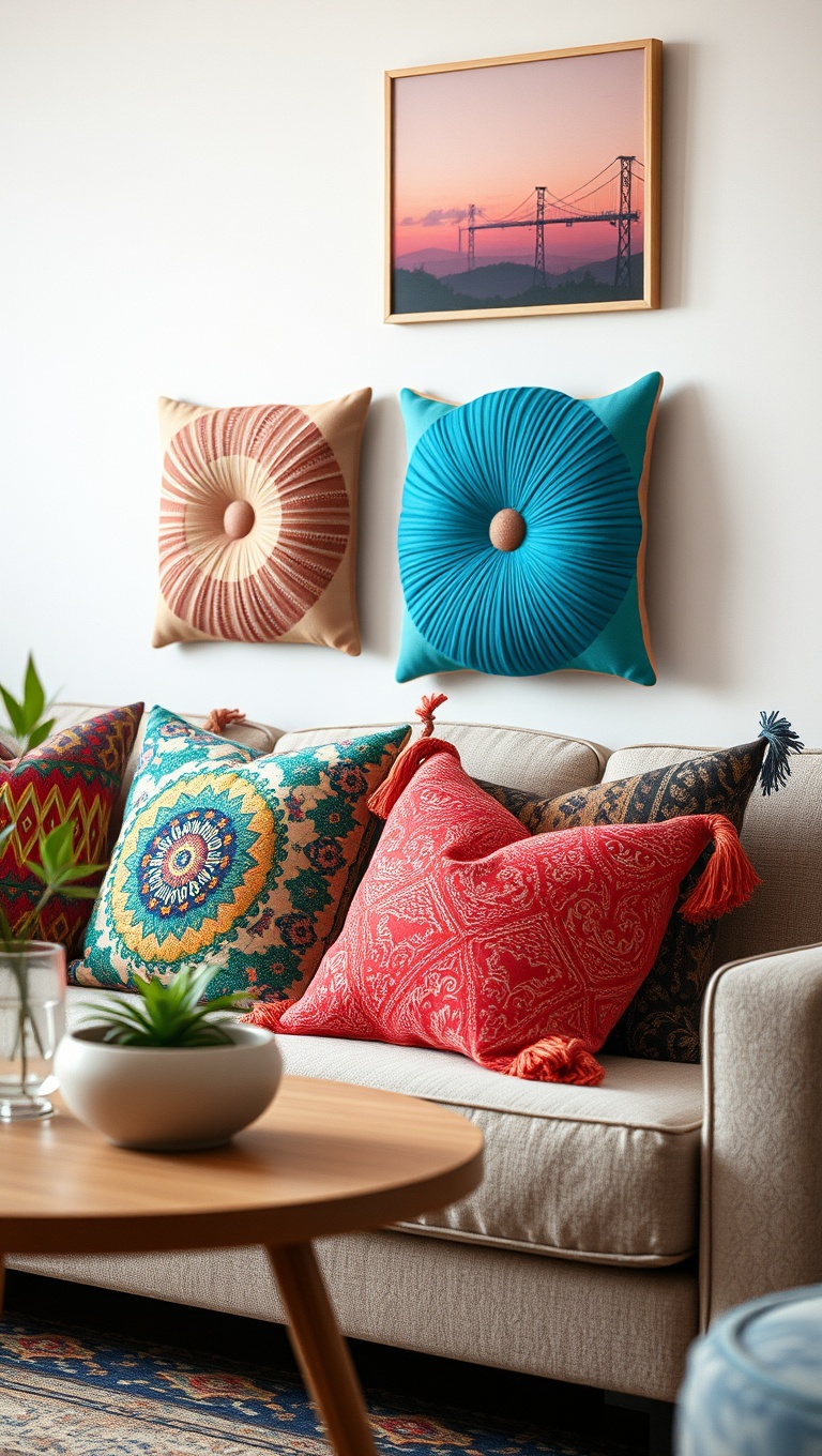 20 Creative Ideas for a Stunning Artisanal Living Room - 4. Colorful Handcrafted Throw Pillows