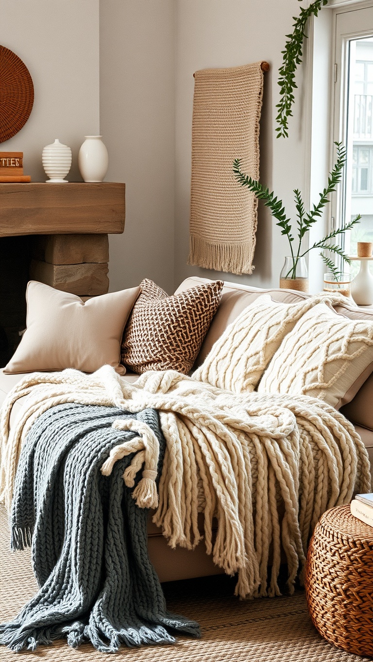 20 Creative Ideas for a Stunning Artisanal Living Room - 7. Cozy Knit Blankets for Added Comfort