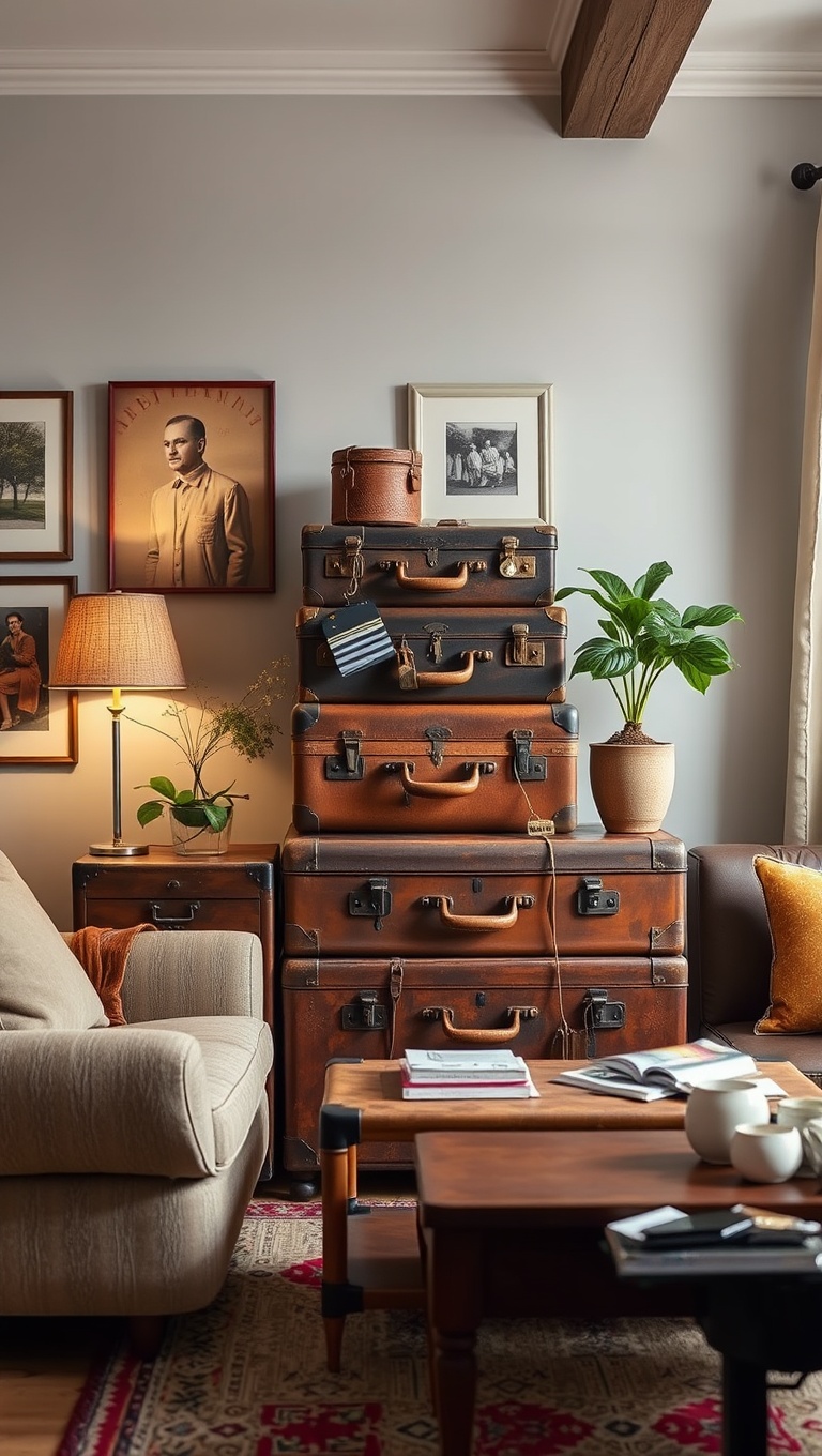 20 Creative Ideas for a Stunning Artisanal Living Room - 11. Vintage Suitcases as Creative Storage Solutions