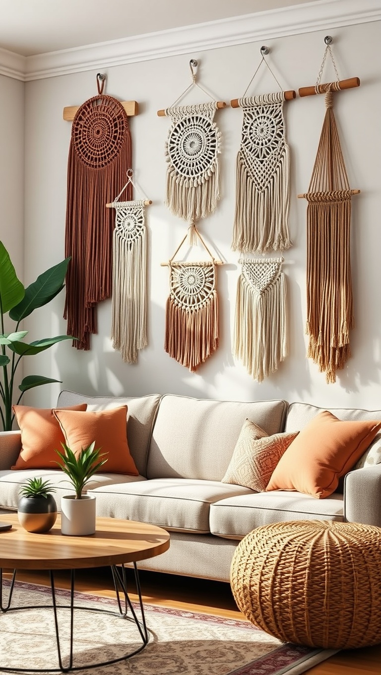 20 Creative Ideas for a Stunning Artisanal Living Room - 8. Macrame Wall Hangings for Boho Vibes