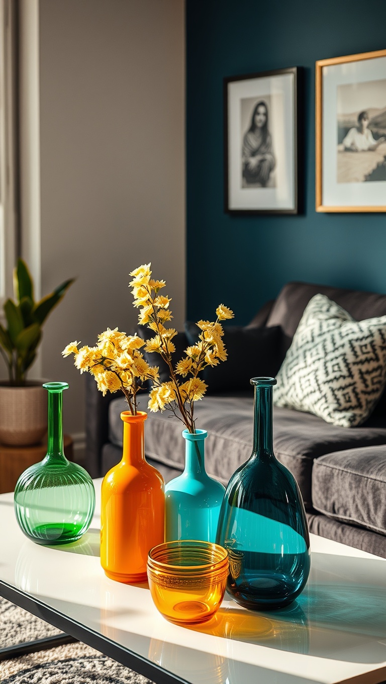20 Creative Ideas for a Stunning Artisanal Living Room - 12. Artisan Glassware for a Pop of Color
