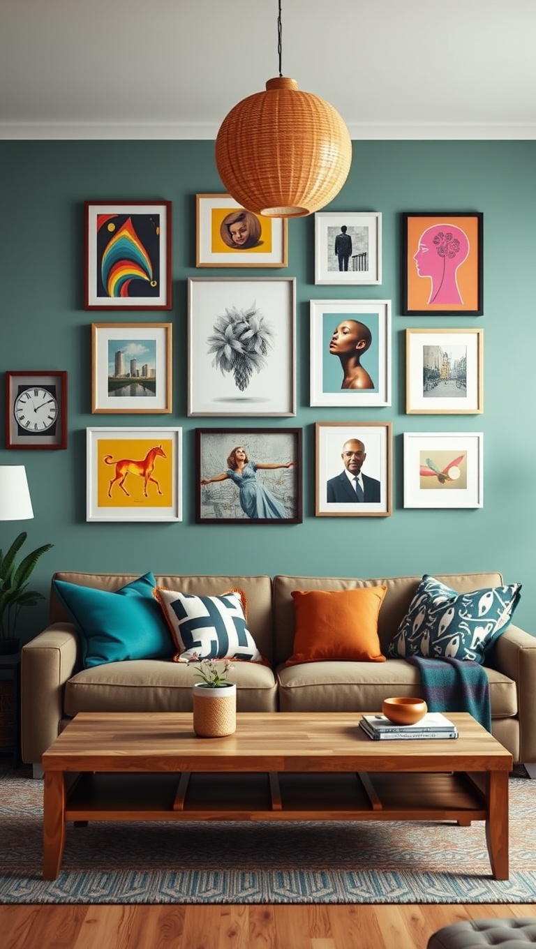 20 Vibrant Ideas for a Colorful Eclectic Living Room - 10. Create a Gallery Wall