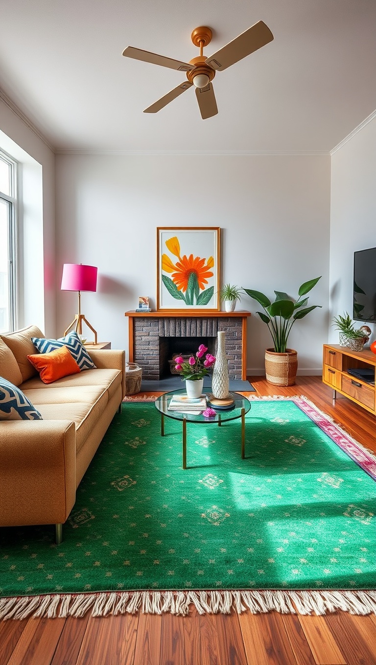20 Vibrant Ideas for a Colorful Eclectic Living Room - 11. Use Colorful Rugs to Ground the Space