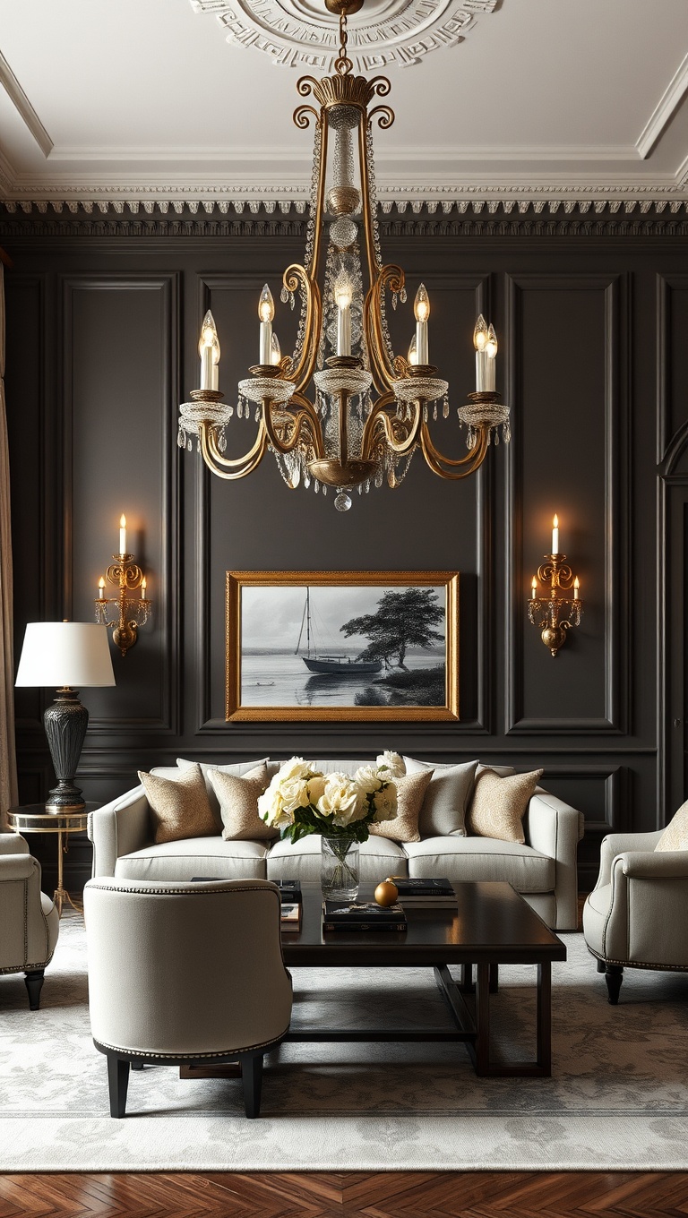 20 Fabulous Ideas to Inspire Your Classic European Living Room - 8. Use Statement Lighting: Chandeliers and Sconces