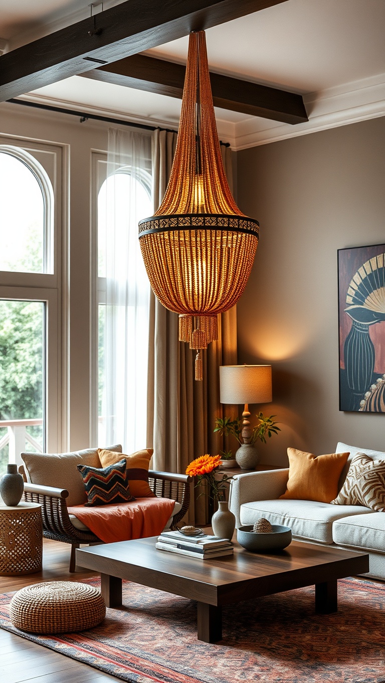 20 Stylish Ideas for a Modern Tribal Living Room - 7. Unique Lighting: Hang a Beaded Chandelier