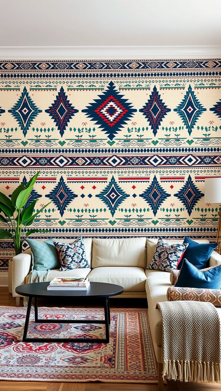 20 Stylish Ideas for a Modern Tribal Living Room - 15. Statement Walls: Try a Tribal Wallpaper
